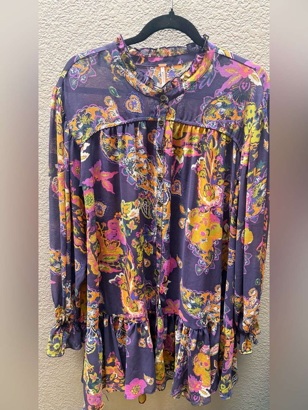 Free People Purple Floral Paisley Peasant Ruffle Blouse Tunic Dress S/P